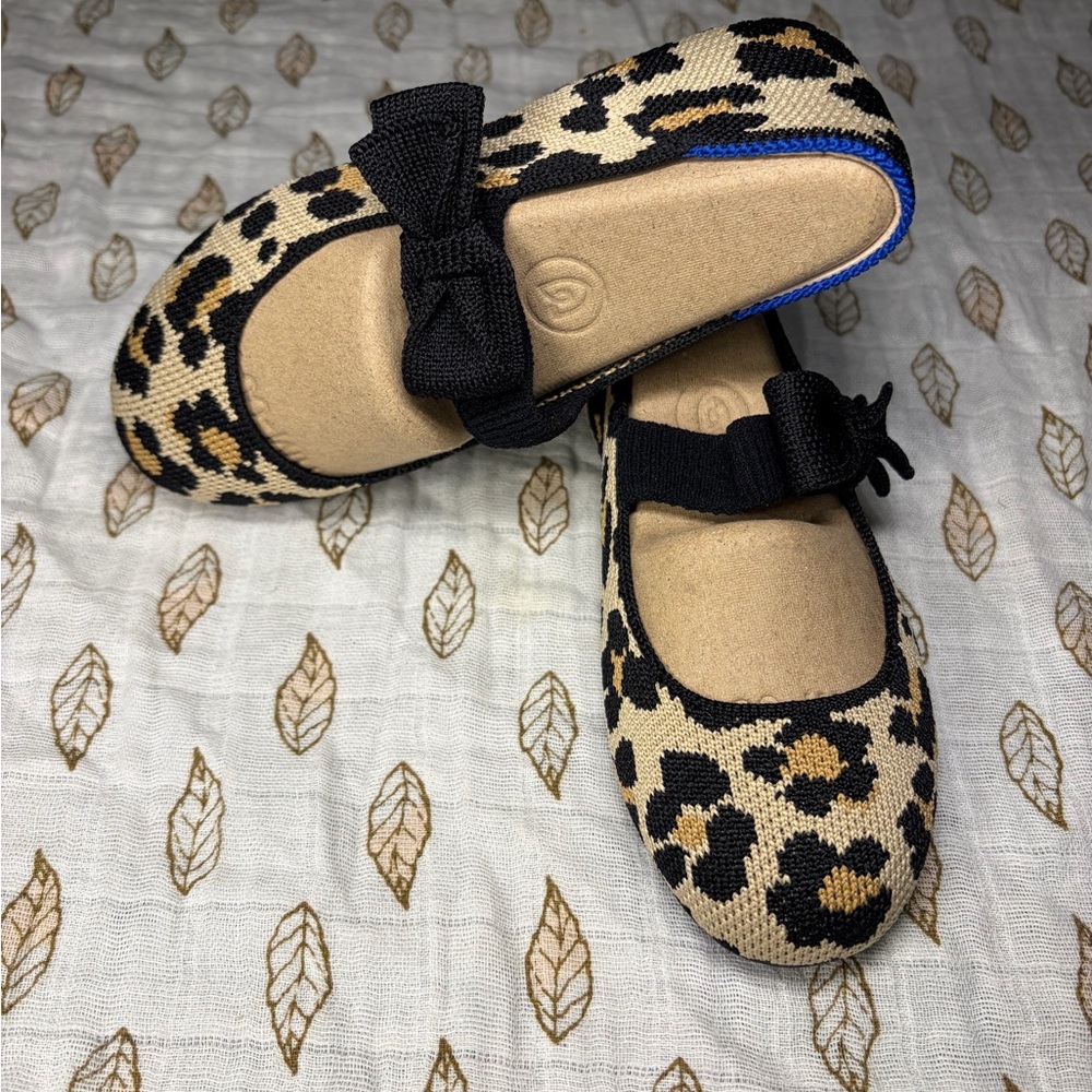 Rothy's Kids Leopard Print Mary Jane Slippers with Black Bow